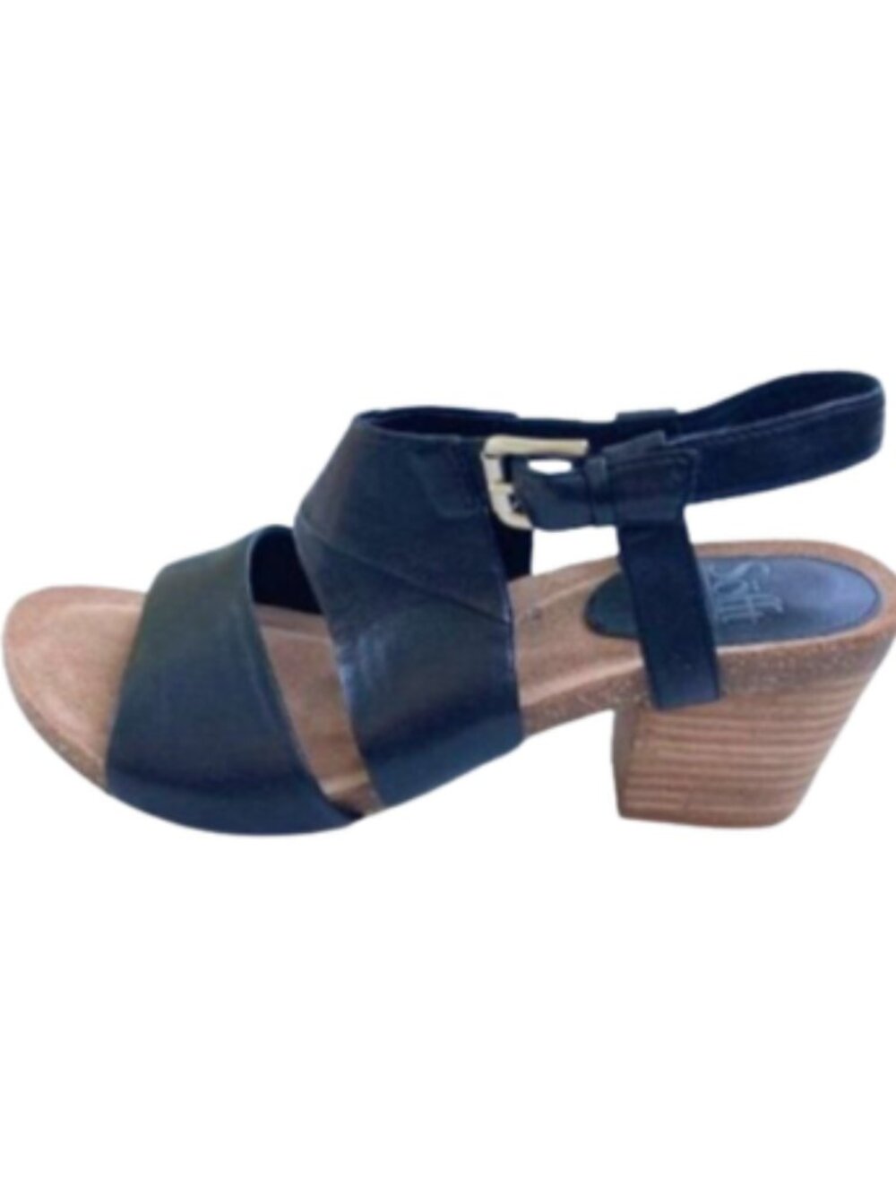 Sofft Black Leather Sandals 3" Stacked Heel Slingback Cushioned Footbed, size 9 - Picture 2 of 11
